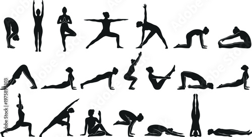 Collection of diverse black yoga poses illustrated in silhouette against a white background for fitness and wellness concepts