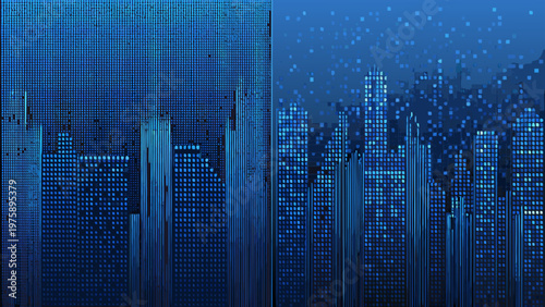 A futuristic cityscape at night with a blue digital grid overlay