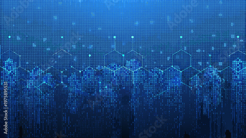A futuristic blue graphic design with hexagons and digital elements