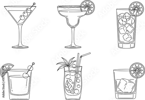 Collection of Hand- Drawn Outline Cocktail Glasses with Garnishes drink drawing
