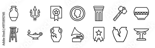 Historical artifacts and ancient archaeology outline icons