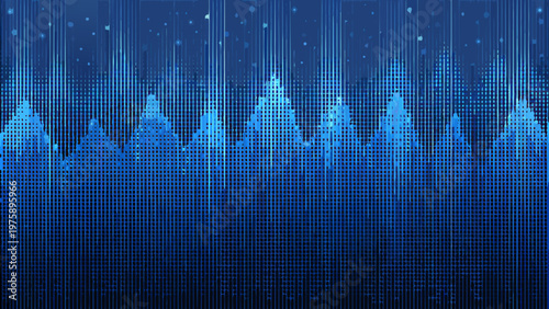 A blue waveform graphic with a pixelated design and a dark background