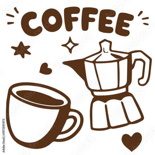 Coffee cup and moka pot home brewing hot drink illustration