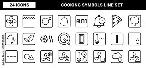 Kitchen oven cooking modes and appliance control line icons set