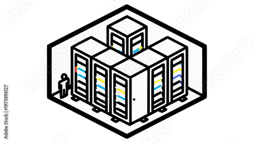 A minimalist vector graphic of a person standing next to server racks in a hexagonal outline