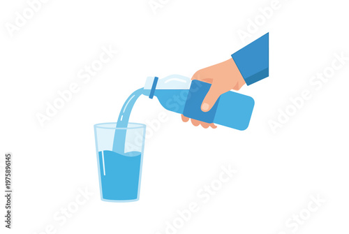 Hand pouring water from a blue bottle into a clear glass minimal flat illustration clean background simple everyday action hydration concept