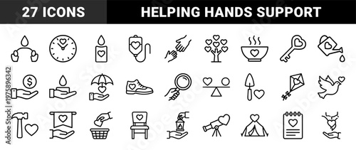 Charity and volunteerism minimalist line icons set