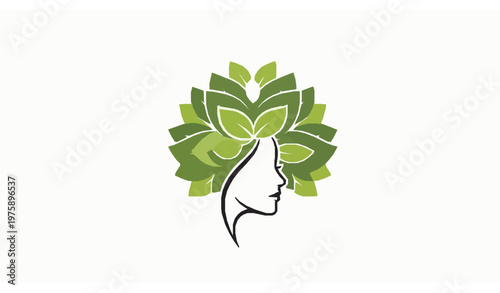 Abstract Female Face with Leaf Hair Wellness Logo for Beauty Spa and Eco Lifestyle Branding