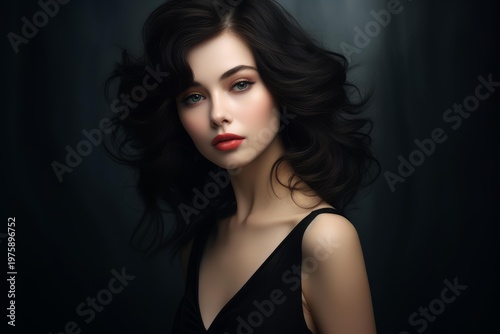 Woman with dark hair and blue eyes looking at viewer with red lips