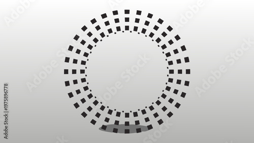A modern circular graphic design made of small black squares on a gray background