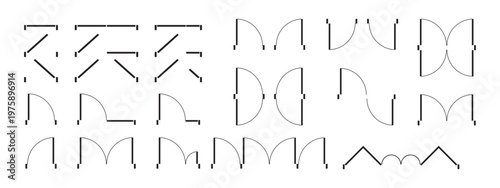 Set of different open and closed door icons. Entrance and exit signs for floor plan in top view. Elements for interior design draft isolated on white background. Vector graphic illustration