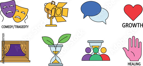 Theater and Healing Icon Set with Comedy/Tragedy Masks, Spotlight, Growth, Hourglass, and Healing Symbols