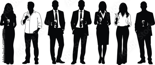 Silhouettes of men and women in formal and casual attire holding drinks Keywords: people, silhouette, men, women, business, formal, casual