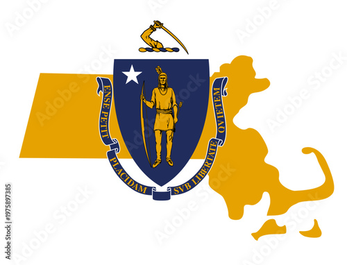 massachusetts MA state flag in map shape with crest simplified USA vector isolated on transparent background