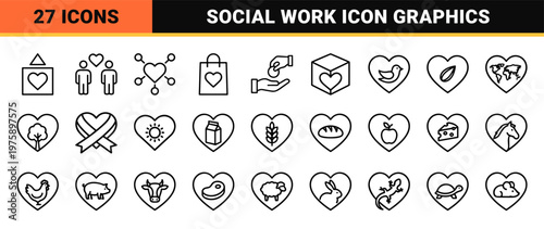 Charity and humanitarian aid minimalist outline icon set