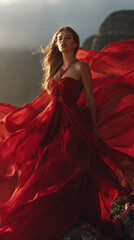 Crédence de cuisine Bordeaux Stunning Young Woman in a Flowing Red Silk Gown Posing Against a Dramatic Mountain Backdrop During Golden Hour  Elegant Fashion Photography Featuring Ethereal Chiffon Fabric Waving in the Wind  © valeo5