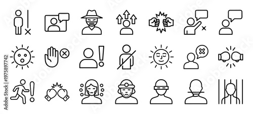 Conflict and harassment line icon set for social issues