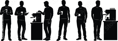 Silhouettes of men interacting with coffee machines and holding cups Keywords: men, silhouette, coffee, machine, cup, holding, standing
