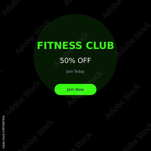 Fitness club membership promotion banner, neon green gym discount flyer with 50% off text, modern sports club marketing vector on black background