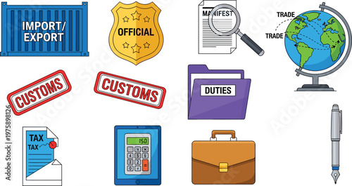 Trade and Customs Icon Set with Import, Export, Tax, Duties, and Official Document Symbols