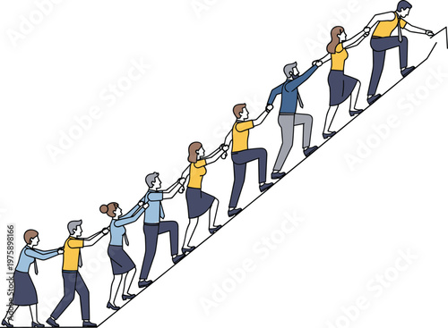 Teamwork and Leadership Vector Illustration Depicting People Helping Each Other Climb Up the Stairs for Collaboration and Support Concepts