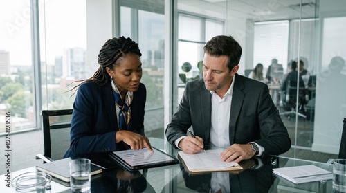 Diverse business professionals reviewing digital documents on a tablet in a modern office, legal team collaboration with copy space on a glass meeting table