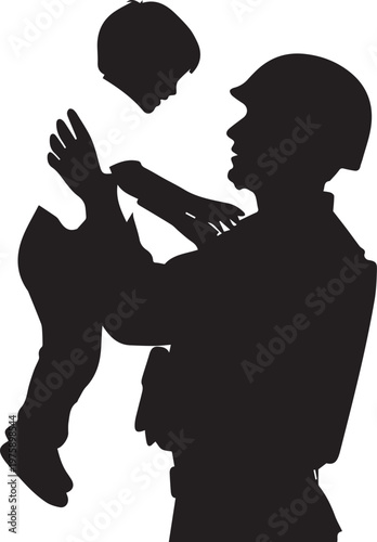 Military soldier silhouette holding child high up for heart warming vector illustration