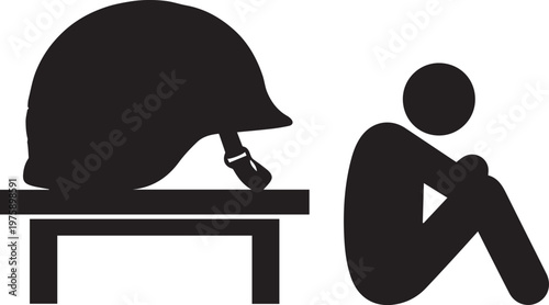 Sad soldier silhouette sitting by helmet on table for emotional vector line art concept