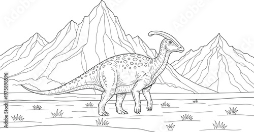 Parasaurolophus dinosaur line art in prehistoric landscape with mountains detailed outline illustration of extinct herbivore species