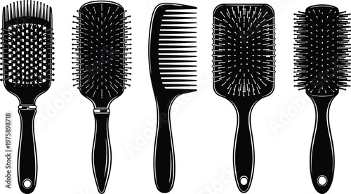 Hairbrush and comb set silhouettes isolated on white background, professional hair styling tools collection for salon, grooming, beauty and personal care design illustration use