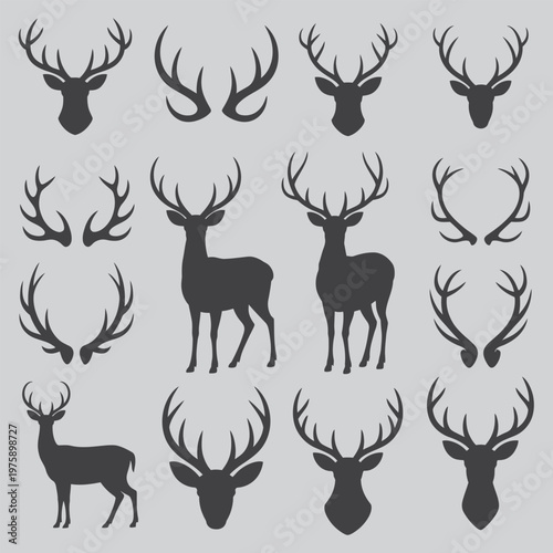 Collection of deer silhouettes: heads antlers full body with silhouette