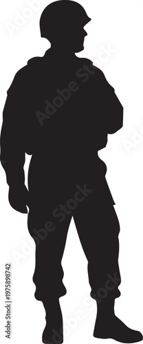 Soldier silhouette standing in military uniform and helmet for professional vector design