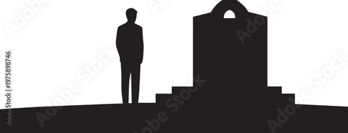 Solemn man standing by tomb or monument silhouette vector illustration line art