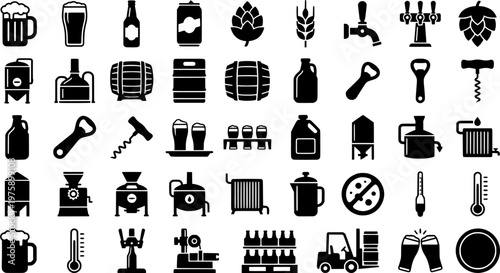 Beer icon set: glasses, hops, bottles, barrels, brew symbols
