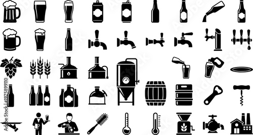 Beer icon set: glasses, hops, bottles, barrels, brew symbols
