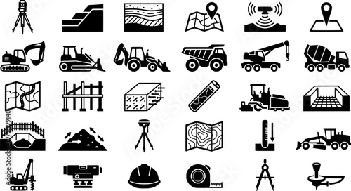 Surface Mining Icons. Outline icon set of surface mining processes: dragline excavator, overburden dump, haul
