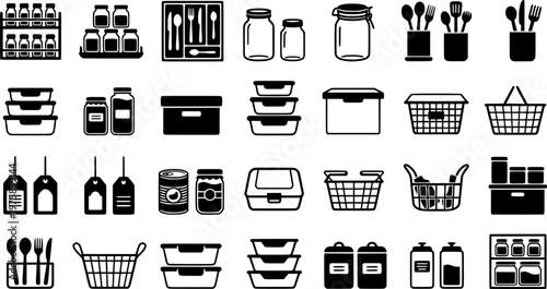 Kitchen Storage Icons. Kitchen storage. Line icon set of Kitchen storage: pantry shelf, spice rack, drawer organizer, jar set, utensil holder, stackable box,