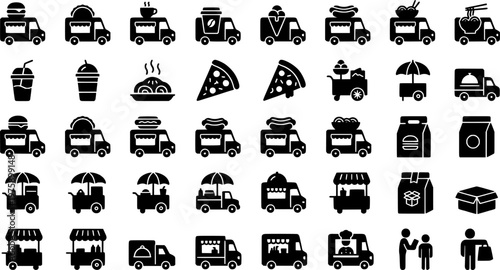 Street Food Icon Set. Street food. Line icon set of food truck items: burger truck, taco truck, coffee van, ice cream truck, hot dog cart, noodle van, juice 