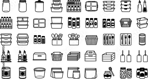 Kitchen Storage Icons. Kitchen storage. Line icon set of Kitchen storage: pantry shelf, spice rack, drawer organizer, jar set, utensil holder, stackable box,