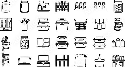 Kitchen Storage Icons. Kitchen storage. Line icon set of Kitchen storage: pantry shelf, spice rack, drawer organizer, jar set, utensil holder, stackable box,