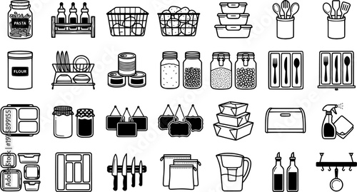 Kitchen Storage Icons. Kitchen storage. Line icon set of Kitchen storage: pantry shelf, spice rack, drawer organizer, jar set, utensil holder, stackable box,