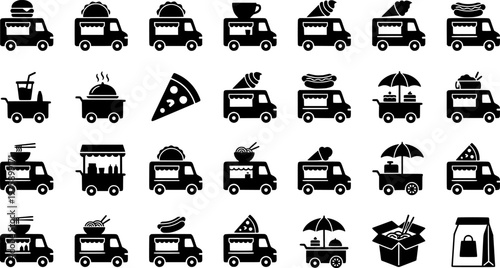 Street Food Icon Set. Street food. Line icon set of food truck items: burger truck, taco truck, coffee van, ice cream truck, hot dog cart, noodle van, juice 