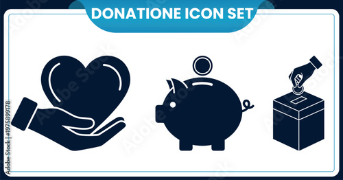 Donation icon set hands piggy bank and donation box illustrationDonation icon set hands piggy bank and donation box illustration
