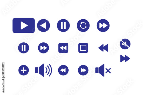 Blue Media Player Icon Set for Video Interface and Audio Playback UI