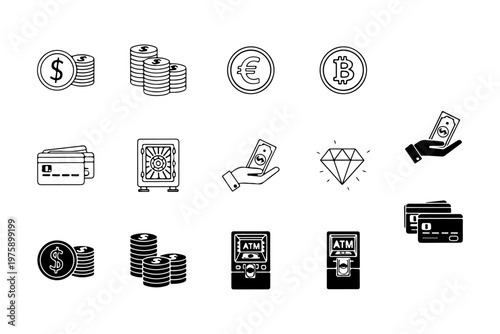 Financial Icons Set with Money, Banking, Crypto and ATM Symbols