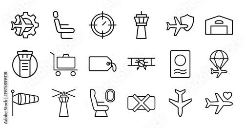Aviation and air travel line icons set in minimalist style