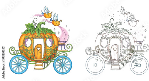 Magical Fairy Tale Pumpkin Carriage Colored Illustration and Black and White Line Art Coloring Book Page