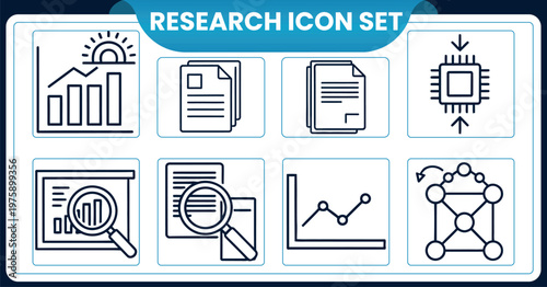 Research icon set data analysis reports and scientific exploration visualsResearch icon set data analysis reports and scientific exploration visuals