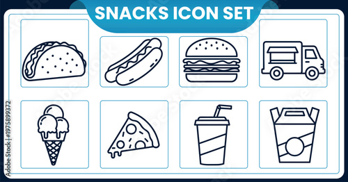 Snacks icon set a collection of fast food and sweet treat illustrationsSnacks icon set a collection of fast food and sweet treat illustrations