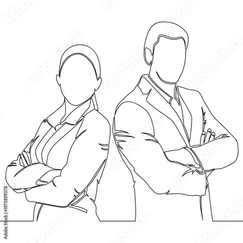 Continuous one single line drawing Businessman and businesswoman standing shoulder to shoulder with crossed arms showing confidence and teamwork icon vector illustration concept